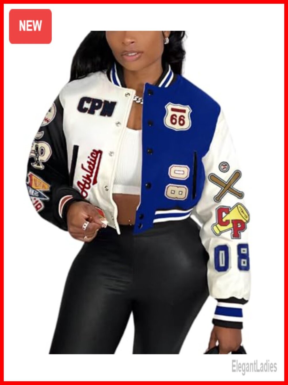 Women's Faux Leather Varsity Jacket with Patches Print Cropped Bomber Long